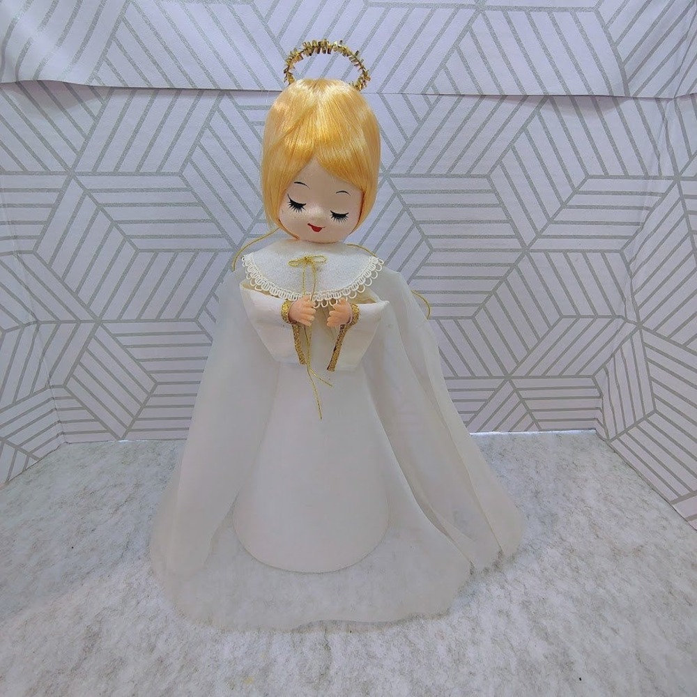 Vintage Blonde Christmas‎ Angel Tree Topper Sleepy Eyes White Gold 10"